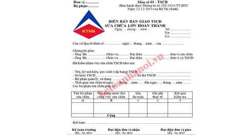 Mẫu Biên Bản Giao Nhận TscĐ Sửa Chữa Lớn Hoàn Thành Theo Thông Tư 200