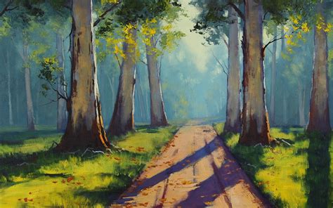 Brown Pathway Between Grass Field With Trees Painting Drawing Trees