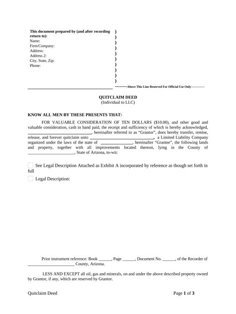 Quitclaim Deed From Individual To LLC Arizona Form Fill Out And Sign