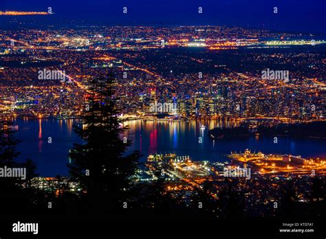 Aerial View Of Vancouver City By Night British Columbia Canada