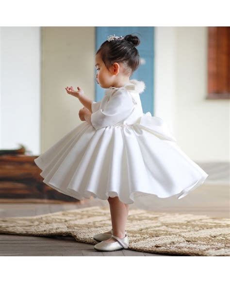 High End Ivory Satin Flower Girl Dress Modern With Sleeves Toddler