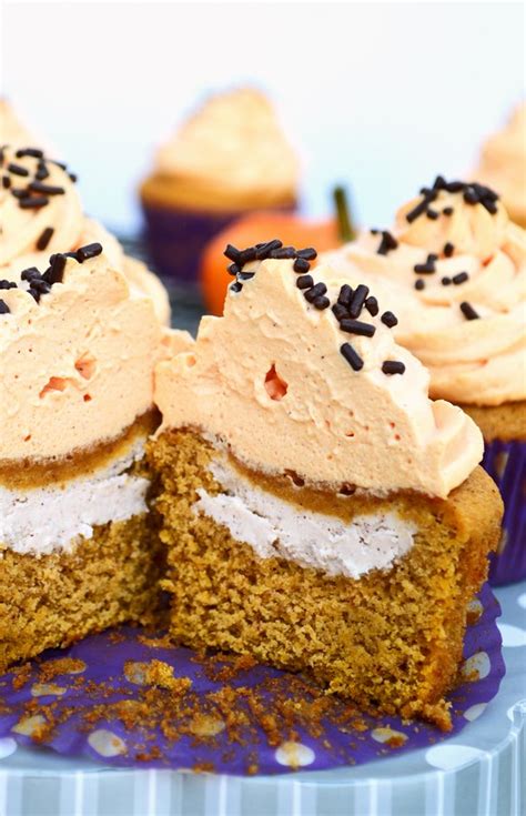 We like them with ice cream. Cream Cheese Filled Pumpkin Cupcakes with Maple Whipped ...