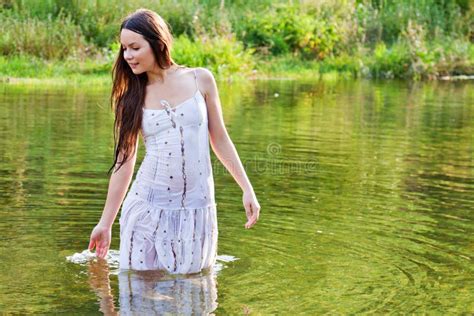 Young Cheerful Girl Bride Walk Barefoot The Sunny Coast Of The River Stock Image Image Of