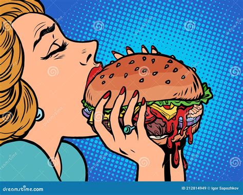 A Woman Eats A Burger Lunch Stock Vector Illustration Of Meal Table 212814949