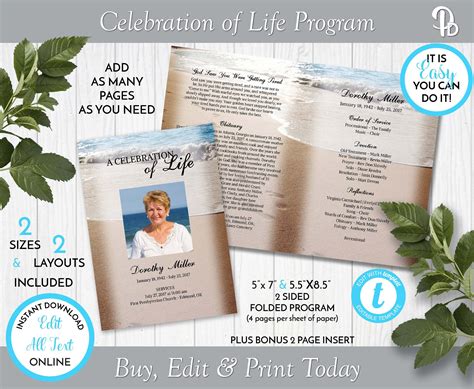 Footprints in the Sand Funeral Program Template, Obituary/order of
