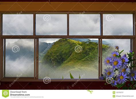 Beautiful Mountain And Fog In Window View Of Resort Stock Image Image