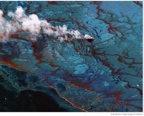 In This Satellite Image Vessels Strands Of Oil And A Fire Are Seen At