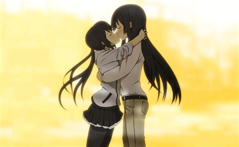 2girls Akiyama Mio Black Hair Blush Hug Kiss K On Long Hair Nakano