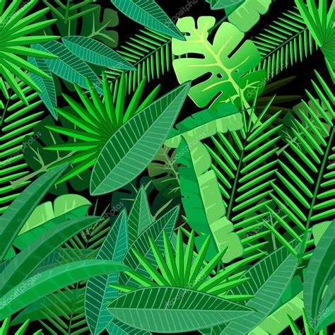 Leaves Of Tropical Palm Tree Seamless Pattern On Dark Background