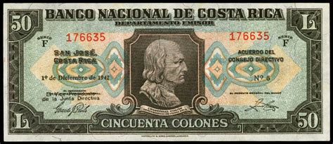 The main color of the 1,000 colones banknote is red. Costa Rica 50 Colones banknote 1942 Banco Nacional De Costa Rica|World Banknotes & Coins ...