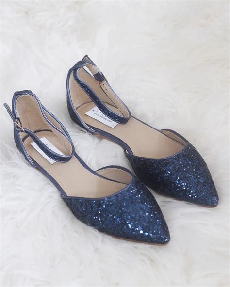 Navy Blue Rock Glitter Ankle Strap Flats Navy Wedding Shoes Blue