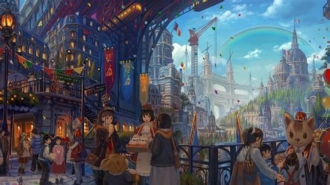 Download 1920x1080 Anime Fantasy World Rainbow Crowd Buildings