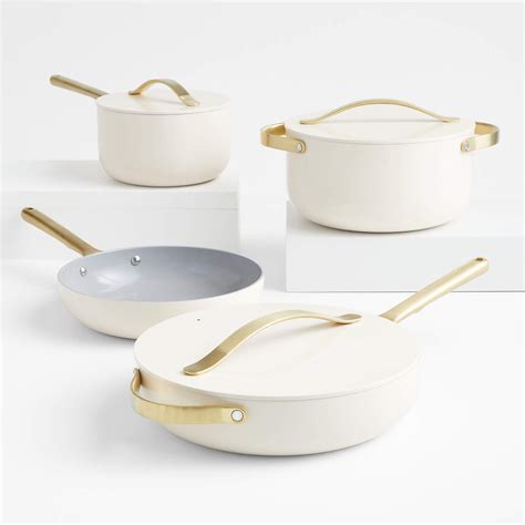 Caraway Home 7 Piece Cream Ceramic Non Stick Cookware Set With Gold