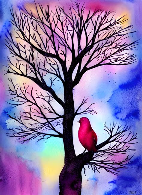 Watercolor Bird In Tree By Cybrea