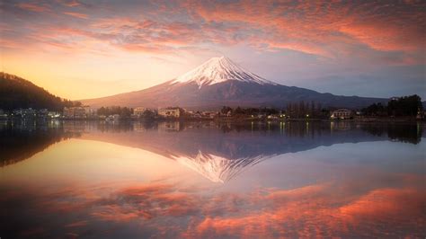 Nature Landscape Mountains Water Reflection Trees Town Village Clouds Sky Sunset Lake