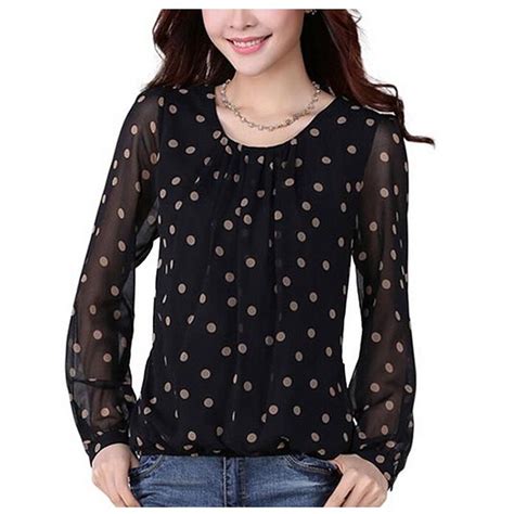 newest women chiffon blouses polka dot blouse lantern sleeve shirts o neck high quality xxl size