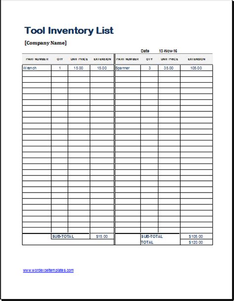 Tool Inventory Checklist ~ Excel Templates
