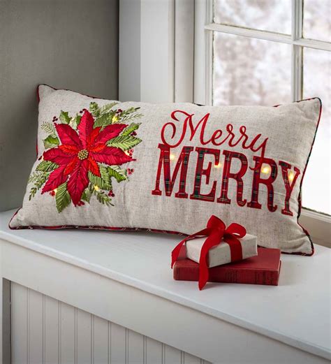 Lighted Embroidered Holiday Throw Pillows Poinsettia Plow And Hearth