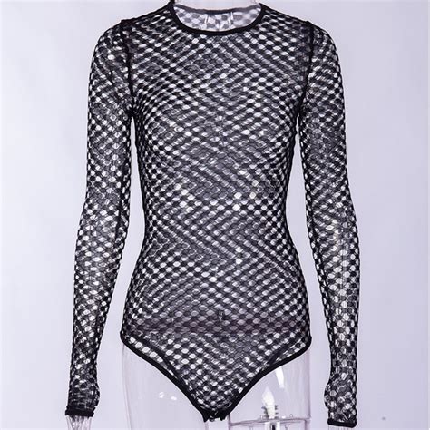 Sexy See Through Mesh Bodysuit Women Body Top Spring Long Sleeve