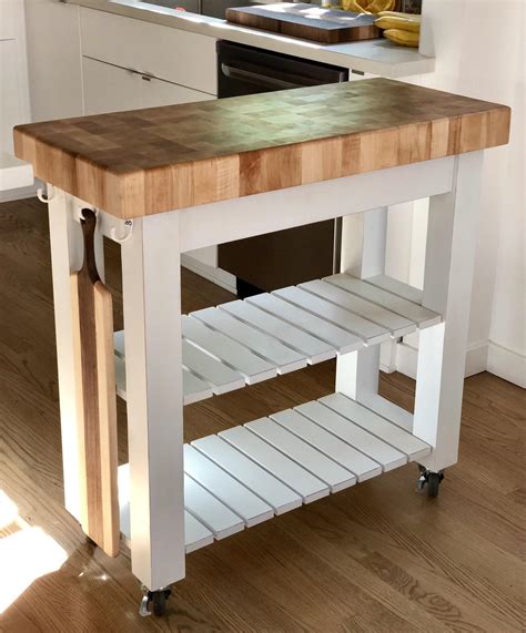 Butchers Block Kitchen Island With Double Overhang With High Stools