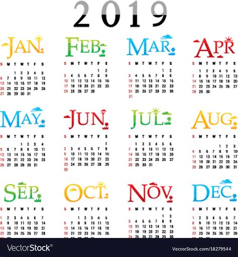 Quickly print a blank yearly 2019 calendar for your fridge, desk, planner or wall using one of our pdfs or images. Calendar planner happy new year 2019 Royalty Free Vector