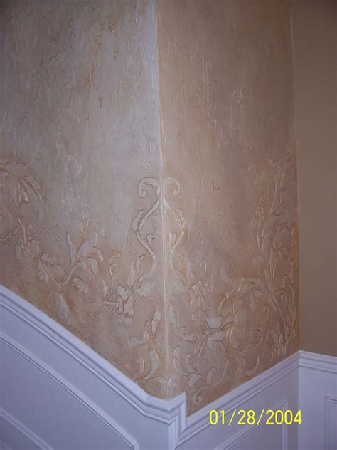 Custom Designed Stencil And Raised Plaster Work For A Curved Stairway