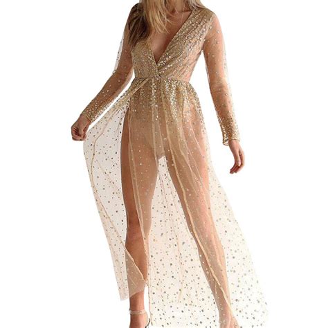 Sexy Women Bling Rhinestone Sheer Deep V High Split Long Sleeve Maxi Party Dress In Dresses