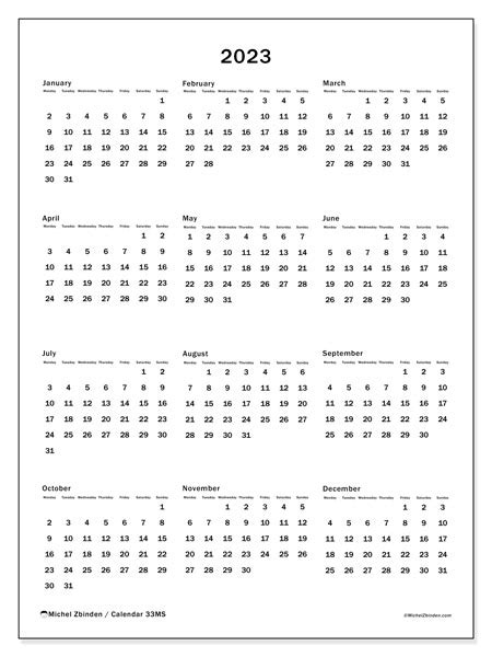2023 Printable Calendar “33ms” Michel Zbinden Au