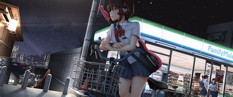 2560x1080 Cute Anime Girl With Bicycle Listening Music On