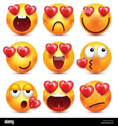 Smiley Emoji With Red Heart Vector Set Valentines Day Yellow Cartoon
