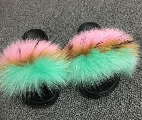 Pink Green Fox Full Pelt Fur Sliders Df003 Fur Sliders Fur Slides Fur