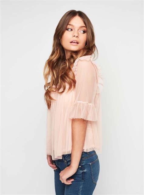 Pink Mesh And Tulle Top Elbow Sleeve Tops Half Sleeve Tops Elbow Length Sleeve Half Sleeves