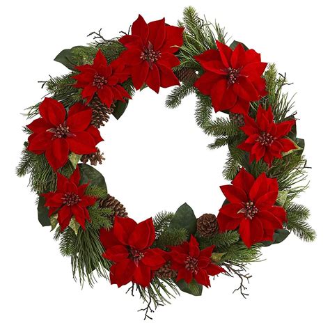 Nearly Natural 36 Poinsettia And Pine Wreath Red Christmas Wreaths