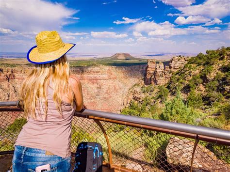Girl Admires Panorama Of Grand Canyon National Park Desert View Arizona Usa Stock Image Image