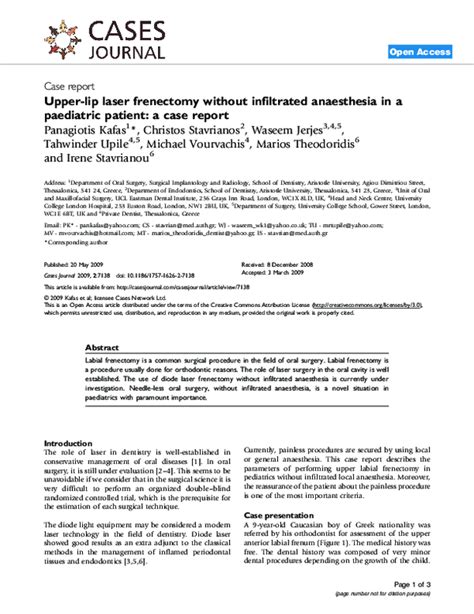 Pdf Upper Lip Laser Frenectomy Without Infiltrated Anaesthesia In A Paediatric Patient A Case