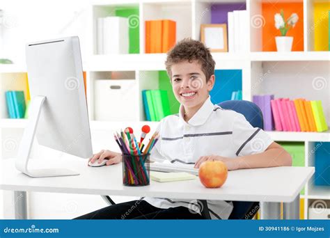 Smiling Boy Using A Computer Stock Photo Image Of Enjoying Fresh