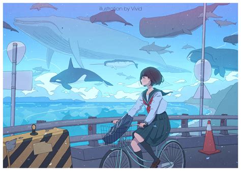 Anime Girls Whale Bicycle Anime Orca Short Hair Brunette Vivid