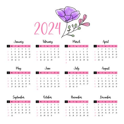 Floral Calendar 2024 Vector 2024 Calendar Floral Calendar Calendar