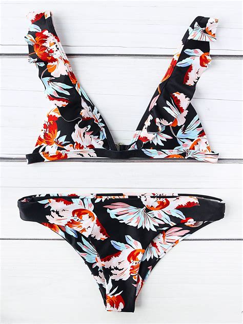 Flower Print Ruffle Strap Triangle Bikini Set Bikinis Triangle