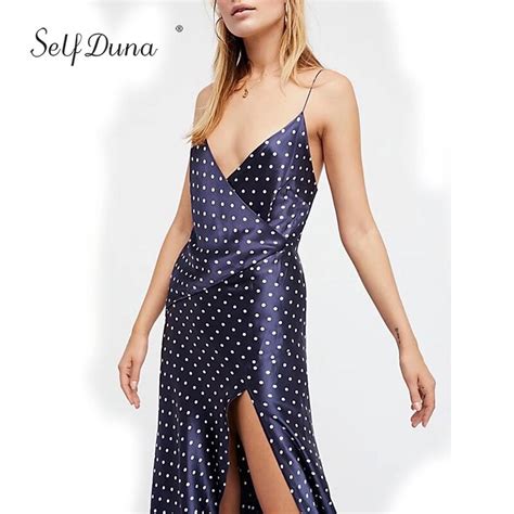Self Duna 2018 Sundress Summer Women Satin Dress Polka Dot V Neck Backless Split Sexy Spaghetti