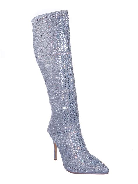 Womens Glitter Leather Embellished Rhinestone Crystal Covered Knee High