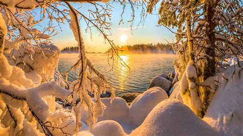 1920x1080 Fiery Sunset Beautiful Trees Lake Winter Gold Snow