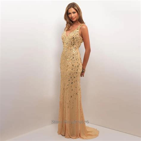 sexy luxury long gold evening dress v neck crystal beads straight chiffon prom dresses women