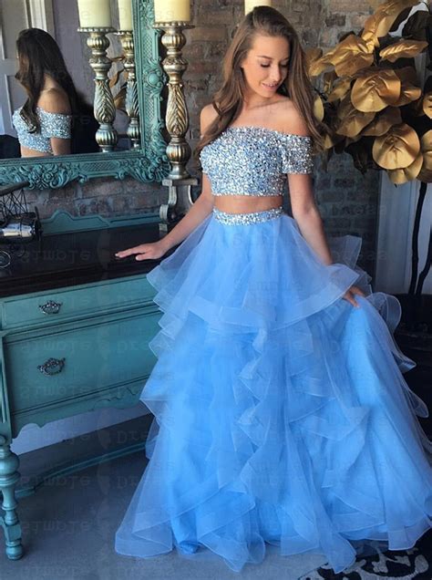 You should allow between 1 and 3 months for alterations, no matter how you're purchasing your wedding dress. Two Piece Off-the-Shoulder Blue Tiered Tulle Prom Dress ...