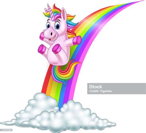 Cartoon Unicorn Sliding On A Rainbow Stock Illustration Download