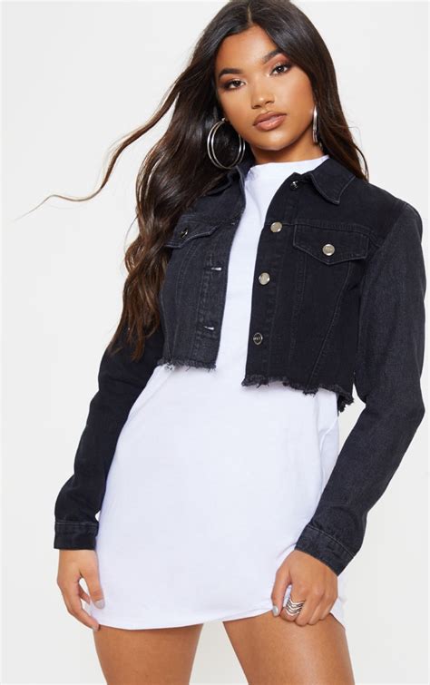 Washed Black Contrast Cropped Denim Jacket Prettylittlething Ie