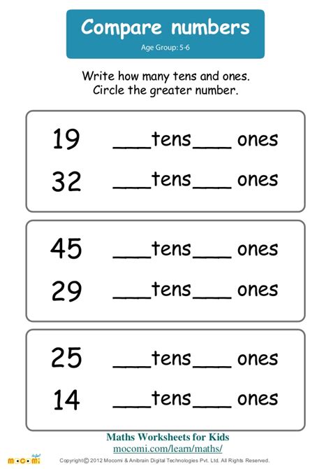 This resource offers a collection of place value worksheets with 9 different types of activities designed to aid students practice place value skills tens and ones in a fun and engaging way. Compare Numbers - Maths Worksheets for Kids - Mocomi.com