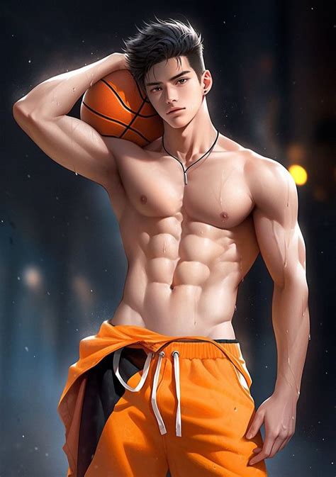 A Man With No Shirt Holding A Basketball In His Right Hand And Wearing Orange Shorts