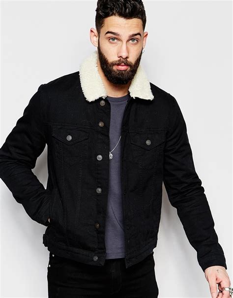 Denim Jacket With Borg Collar In Black Wash Casual Jeans Coat Cheap Men