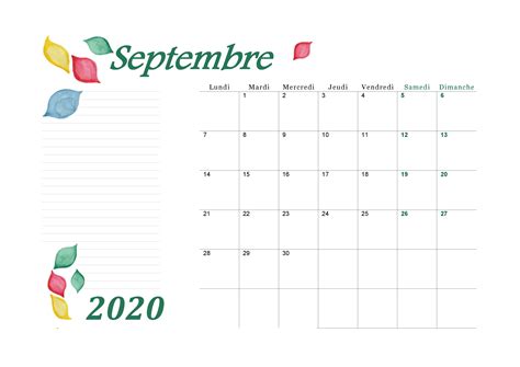 Calendrier Septembre 2020 à Imprimer Pdf Au Format A4 Calendrier